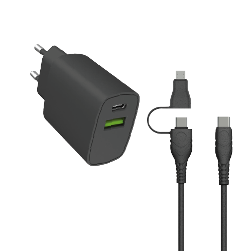 PD DUAL PORT TRAVEL ADAPTER + CABLE FOR IPHONE / MICRO USB