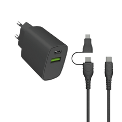 PD DUAL PORT TRAVEL ADAPTER + CABLE FOR IPHONE / MICRO USB